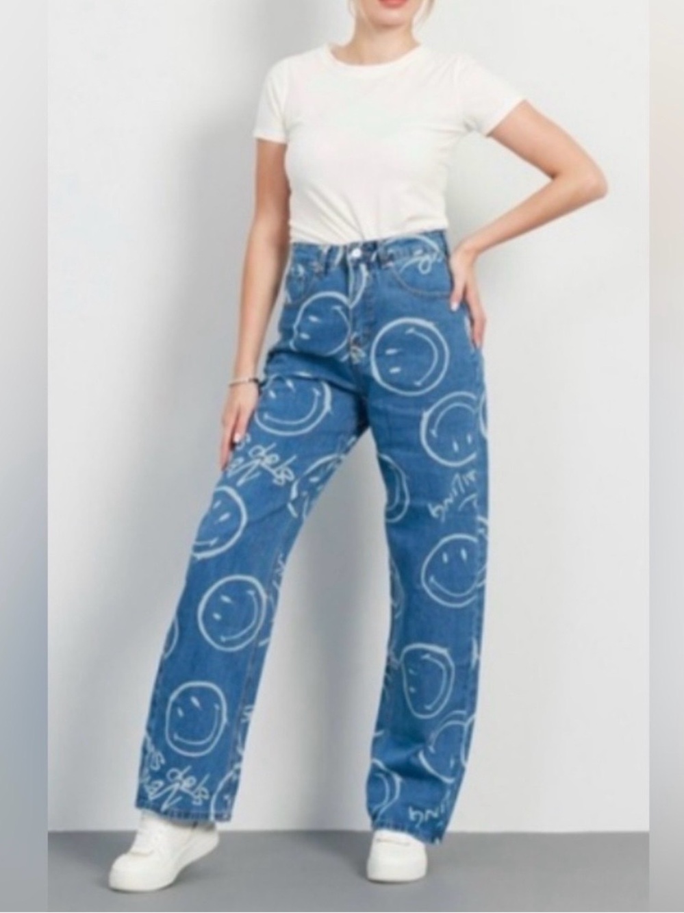 Smiley x H&M High-Rise Blue Wide-Leg Jeans